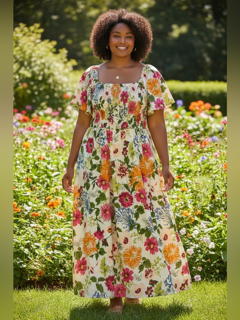BloomChic White Floral Maxi Dress with Smocked Bodice and Pockets Size 18/20